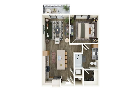 A top-down view of a small apartment with a kitchen, living room, and bathroom.